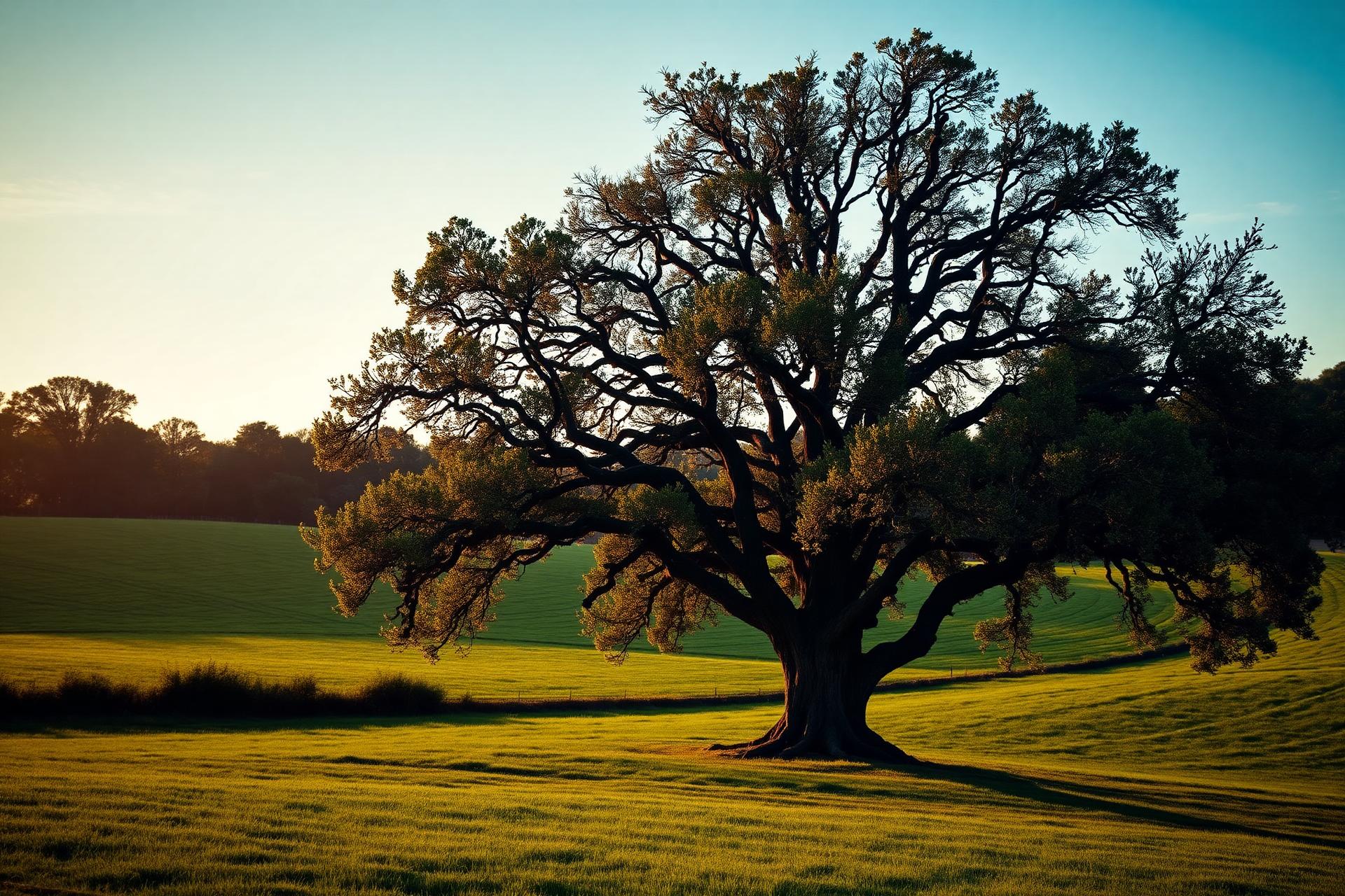 Mature oak tree in a rolling Virginia field at golden hour